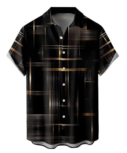 QIVICIMA Mens Bowling Shirts Hawaiian Shirt Big and Tall Retro Button Up Vintage Guayabera Camp Shirt B Black Gold 4XL