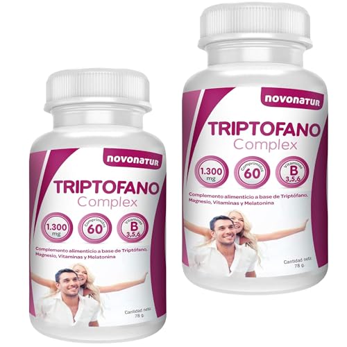 Triptofano con Magnesio y Vitamina b6, mas Melatonina - Espirulina - Vitamina B3 y B5, 60 Comprimidos de 1.300 mg. Antiestres natural - Contra la Ansiedad Natural - Novonatur ||120 Comprimidos