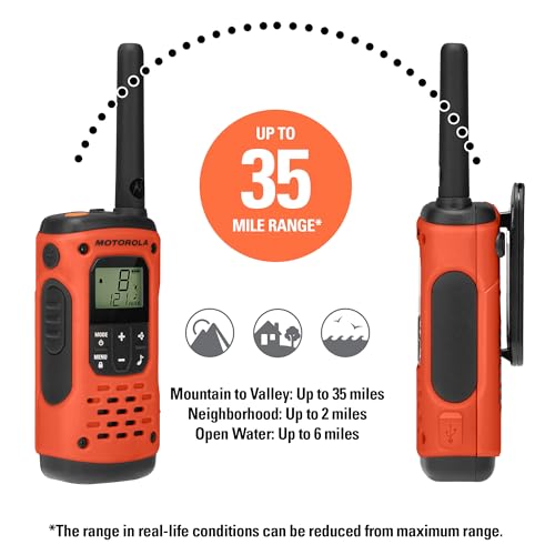 Image of Motorola Solutions, Portable FRS, T605 H2O, Talkabout, Two Way Radios Waterproof Walkie Talkie Emergency Preparedness, Rechargeable, 22 Channel, 35 Mile, Orange W /Black, 2 Pack