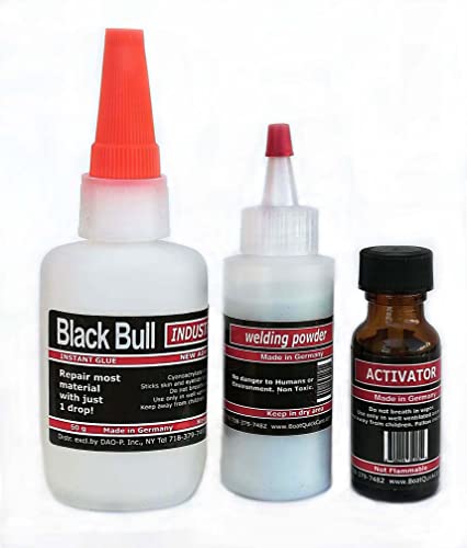 Multipurpose Black Bull German Glue Industrial Kit 3 | Super-Fast, Strong Bonding, Weatherproof and High Grade Adhesive Glue Kit 3 Including Glue 50g + Welding Powder 60g + Activator 15g | Pack of 3