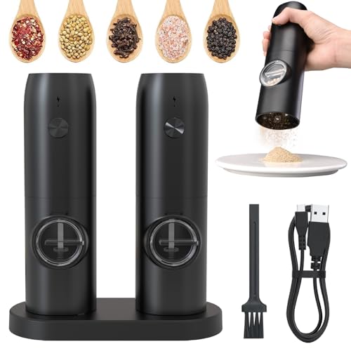 Opiniones de Molinillos de especias los mejores 10. 45 Molinillo eléctrico, molinillo electrico de sal y pimienta 2 piece, Molinillo de Especias luz LED,Ajustable Recargable con Base de Carga de Fácil de Rellenar