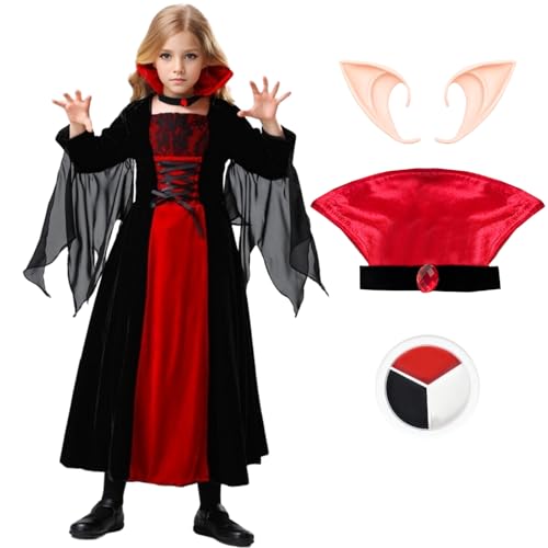 HarnyLoom Vampire Costume Kids Halloween Costumes for Girls Gothic Vampire Outfit Fancy Dress Up Set Halloween Vampiress Queen (S (3-4 years))