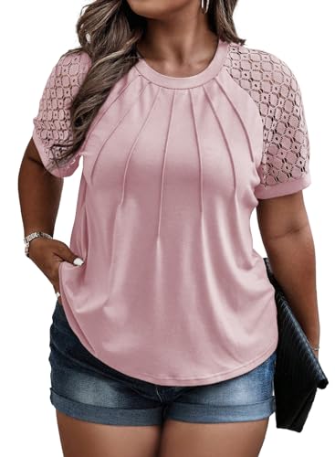 Image of Eytino Plus Size Tops for Women Summer Lace Short Sleeve Crewneck Loose Casual Blouse Tunic T Shirts(1X-5X)