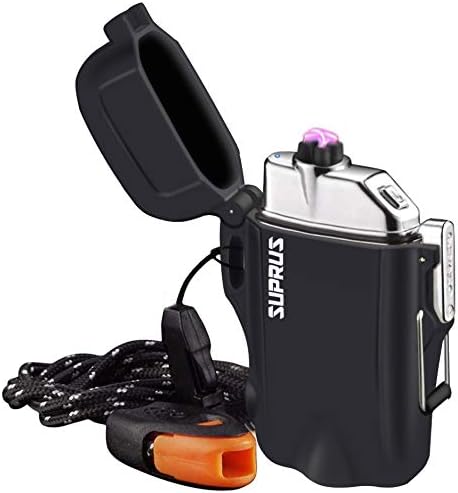 SUPRUS Waterproof 3 Modes of Flashlight Windproof Lighter Dual Arc Electric Rechargeable Dual Arc Plasma Lighters with Survival Emergency Whistle and Lanyard