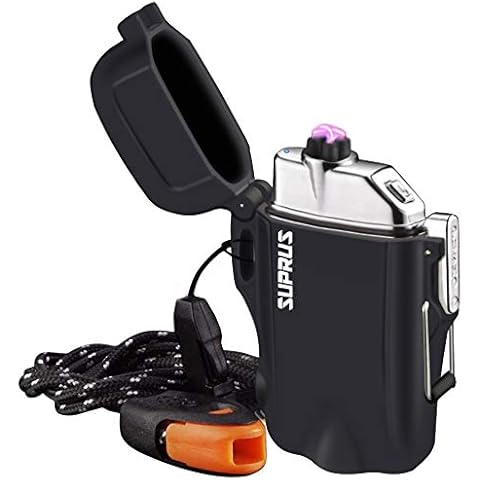 SUPRUS Waterproof Lighter 3 Modes of Flashlight Windproof Lighter Dual Arc Electric Lighters Rechargeable Dual Arc Plasma Lighter with Survival Emergency Whistle and Lanyard Cover
