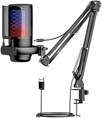 Microfono Gamer, Microfone Condensador com Mudo Rápido, Podcast C...