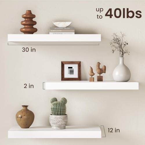 Image of 30Inch White Floating Shelves for Wall, 12 Inch Deep Shelves for Bedroom, Kitchen, Bathroom Wall Mounted, Rustic Wood Floating Shelf with Invisible Brackets for Books, Storage, Decor, 2 Packs