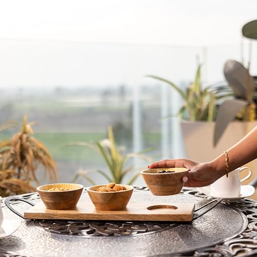 Image of Tripple Treat Snack Bowl Set with Enamel Finish & Stand | Handcrafted Wooden Serving Bowls for Snacks, Dry Fruits & Condiments | Set of 3