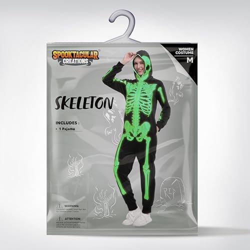 Spooktacular Creations Erwachsene Frauen Skelett Glühen in der dunklen Jumpsuit Pyjama Overall für Halloween-Kostüm, Trick oder behandeln, Motto-Party,M