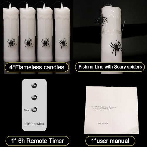 Image of Halloween Floating Candles Flameless with 3D Spider, Set of 4 Hanging Candles Floating with Fishing Line, Floating Candle with Remote, Halloween Candle with 3 Black Spider for Home Decor