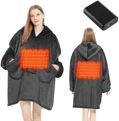 Homemate Heated Wearable Blanket Hoodie - with Battery Pack 7.4V - Oversized Electric Blanket Hoodie for Women Men - Warm Cordless Heated Shawl Portable Heated Robe (Grey)