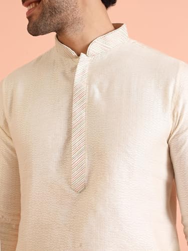 Kisah Men's Kurta, Off White Jacquard, Woven Design Regular Fit Mandarin Collar Long Sleeves (44)