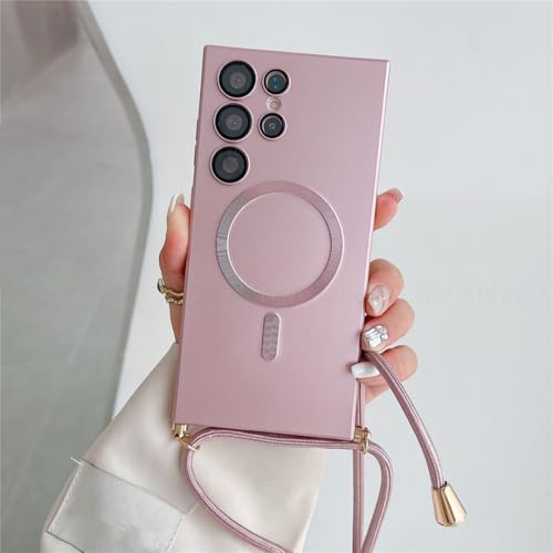 Coque Samsung S25 Plus magnétique rose cordon bandoulière antichoc
