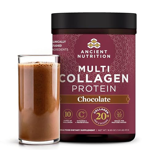 Ancient Nutrition Hydrolyzed Collagen Peptides Powder with Probiotics, Chocolate Multi Collagen Protein for Women and Men with Vitamin C, 40 Servings, Supports Skin and Nails, Gut Health, 16.65oz