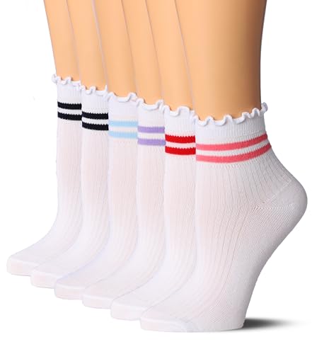 Image of Tipi Toe Women's 6 Pairs Quarter Crew Socks - Lightweight Solid Color Turn-Cuff Ruffle Lettuce Edge Dress Socks, Size 9-11