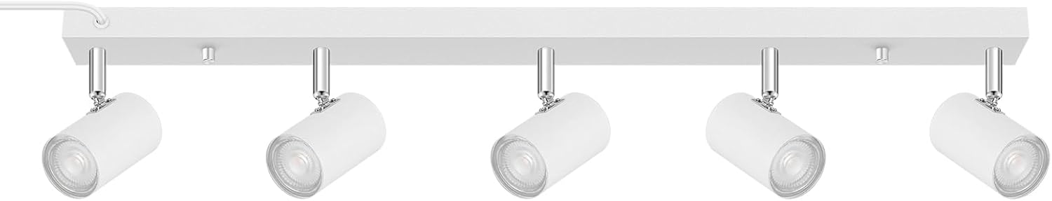 Plug in Track Lighting, LED Track Light Kit, White 5-Light Large Track Lights for Kitchen, 15 FT Cord,5 Way Ceiling Spotlight, Rotatable Wall Mount Light Head for Bedroom Hallway Living Room 5 Light-White