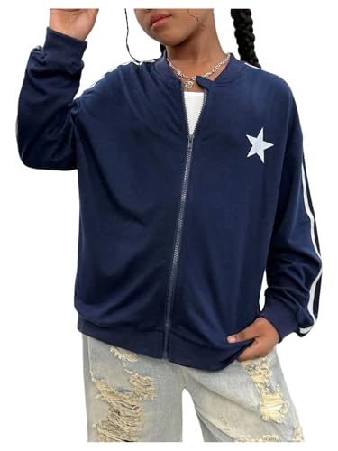 Girl's Y2K Full Zip Up Jacket Star Striped Long Sleeve Preppy Coat Outerwear
