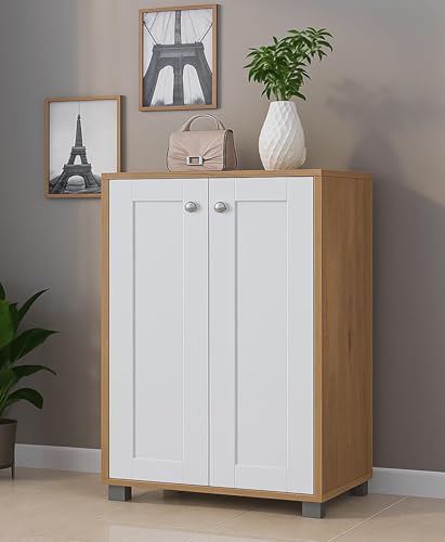 Image of Mevigo Wooden Shoe Rack Cabinet for Entryway - Modern 2 Door 4-Tier Storage Organizer, Wooden Cupboard for Home, Space Saving Shoe Rack Wallnut Shoes Storage Cabinet -White-RB2