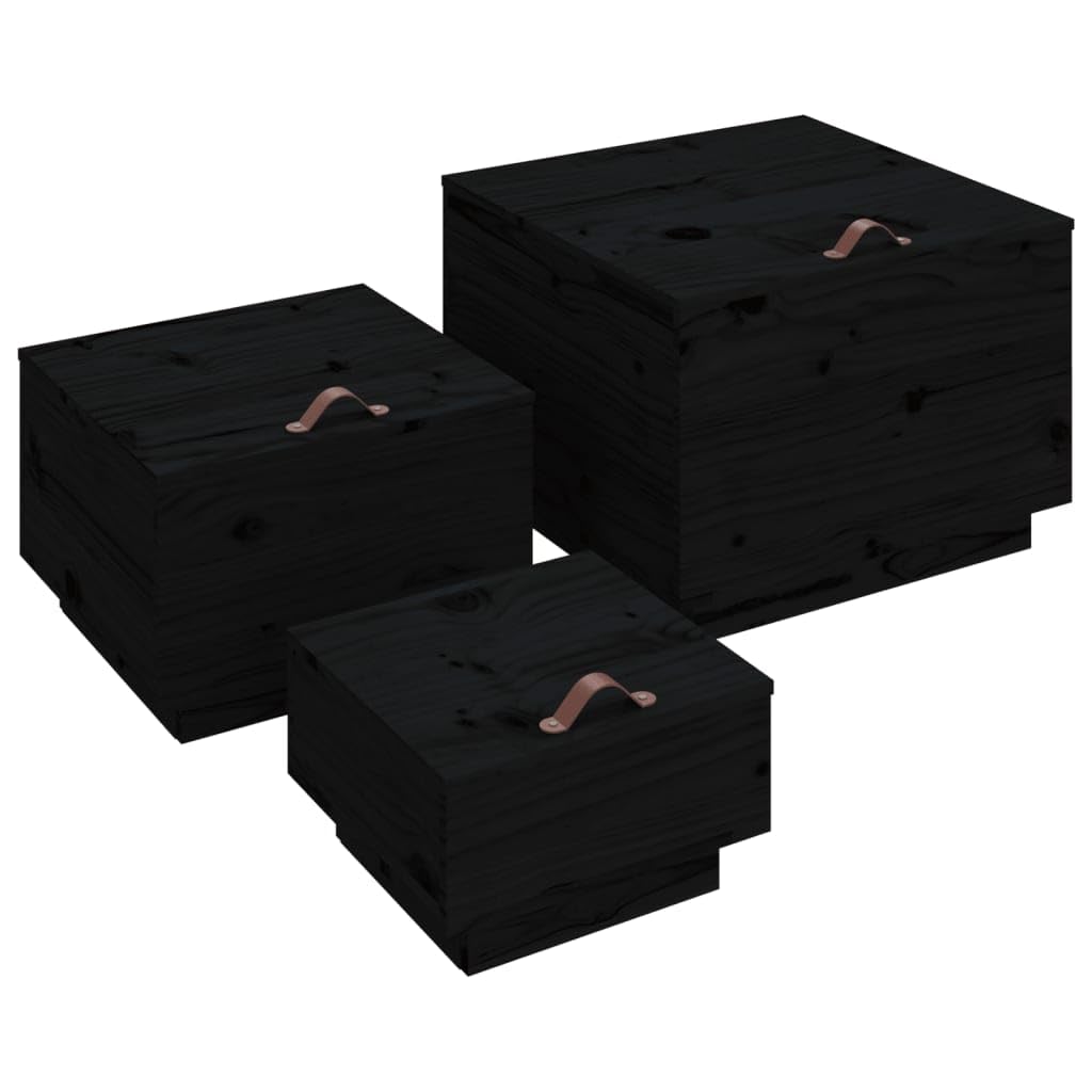 3er Set Aufbewahrungsboxen Holz mit Deckel Schwarz Holzkiste Massivholz Kiefer Stapelbar Holztruhe Couchtisch Beistelltisch Kiste für Wohnzimmer und Flur