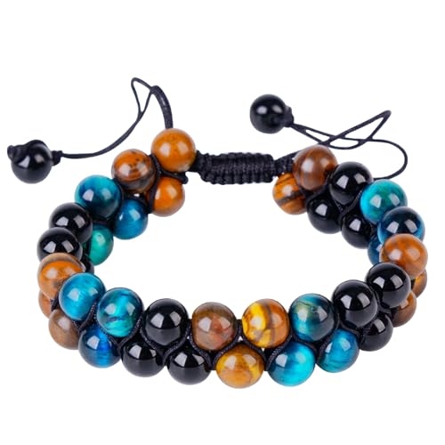 PAKUNDAS Handmade Triple Protection Bracelet,Bracelets for Men Natural Tiger Eye Jewelry Stone Hematite and Blue Stone Hematite 8mm Crystal Bracelet - Adjustable Size with Premium Gift-Box