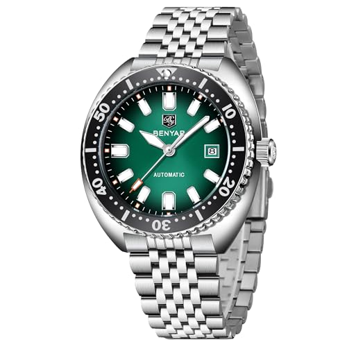 BENYAR Automatic Watches for Men Analog Stainless Steel Mechanical Watch, 50M Waterproof Calendar Luminous Business Men's Wrist Watches, Green, Modern