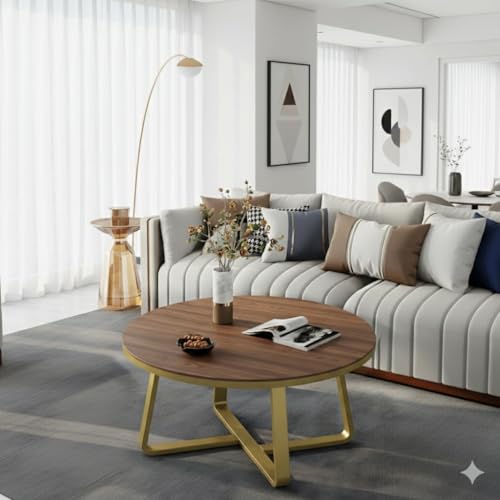 Image of Modern Round Wooden Coffee Table | MDF Wood Finish Top | Gold Metal Base | Minimalist Centre Furniture Accent Piece for Living Room Bedroom Lounge Office Apartment Home Decor
