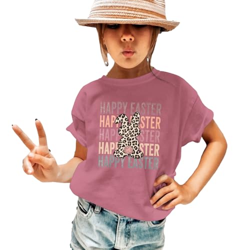 Girls Happy Easter Shirts Leopard Bunny Tshirt Cute Rabbit Outfits Kids Easter Holiday Short Sleeve Tee Tops 7-12Y
