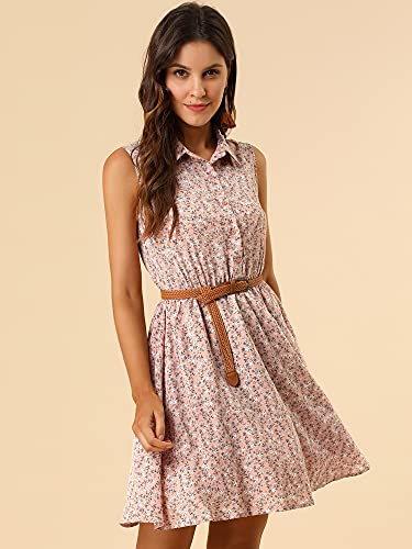 Image of Allegra K Women's Floral Printed Half Placket Above Knee Summer Sleeveless Belted Dress
