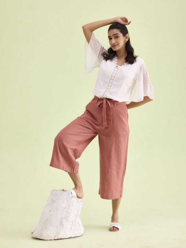 Image of GO COLORS Solid Linen Culottes for Women | High Rise, Side Pockets, Front tie-up