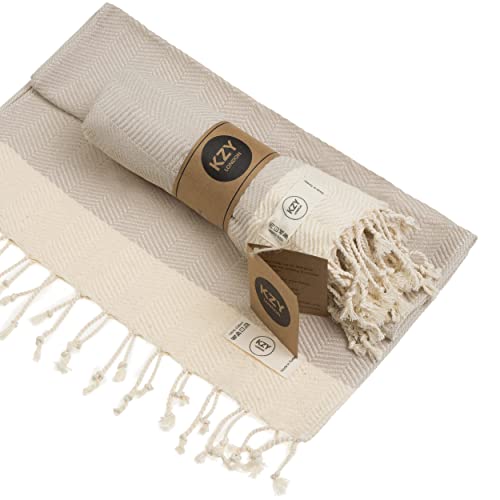 Lot de 2 serviettes turques pour la cuisine et la salle de bain - 100 % coton prélavées décoratives pour le visage, les mains, les cheveux, le yoga, les torchons à vaisselle (beige) Cover