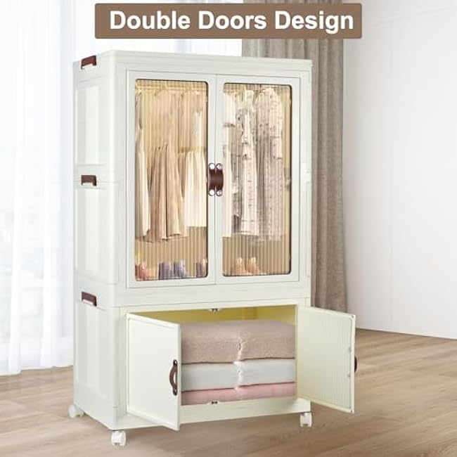 Stackable Closet Storage Bins, Collapsible Clothes Organizers, Portable Wardrobe Closet with Lids and Doors, Movable Clothes Storage with Coat Hangers, White