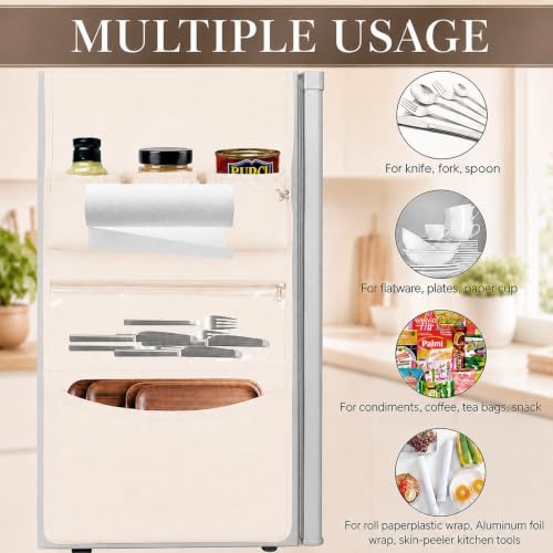 ChezMax Mini Fridge Organizer Dorm Essentials - Over the Fridge Caddy Organizer, Dorm Room Storage, Mini Refrigerator Dust Cover Top with 12 Extra Large Fabric Pockets for Office Kitchen Home, White — view 4