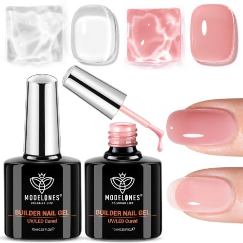 modelones Base Coat Builder Nail Gel, 2 Pcs Clear and Rose Nude Pink