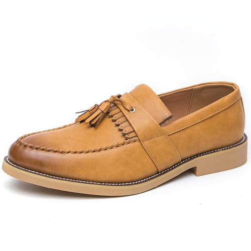 Men's Classic Tassel Loafers Black Leather Slip-On Dress Shoes with Kiltie Fringe Driving Flats Tan Sole Anti-Slip Moc Toe Design