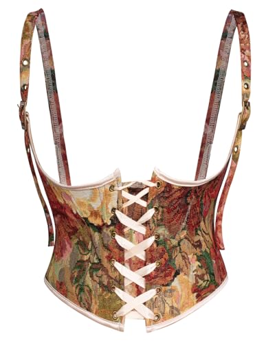 Scarlet Darkness Corset Belt for Women Renaissance Underbust Corset Floral Lace Up Boned Waist Belts Vintage Red 6