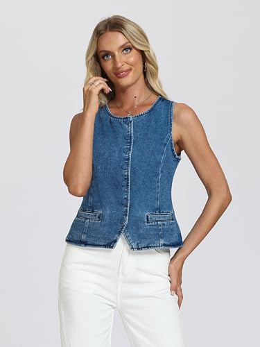 D-Sun Women Denim Vest Sleeveless Crew Neck Button Down Jean Vest Tank Tops Trendy Casual Jean Jacket Waistcoat2