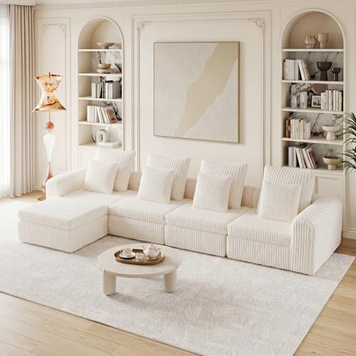 Image of Feonase Modular Sectional Sofa, Cloud Sectional Couch with Deep Seat, 134'Modern Modular L Shape Sofa Couch with Chaise, Upholstered Boneless Couches for Living Room Bedroom, Beige