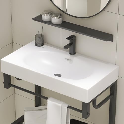 Fregadero de baño resistente a los arañazos lavabo montado en la pared con soporte lavabo de champú de cerámica, fácil de instalar, para apartamentos pequeños, hogar, hotel, balcón, sala de polvo