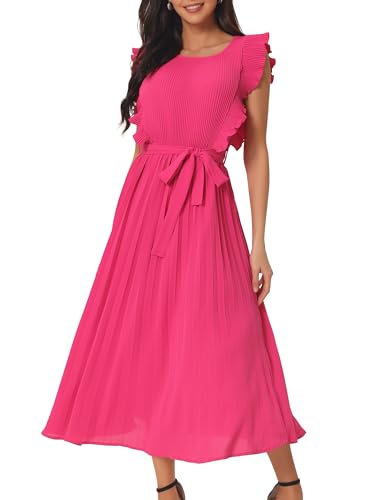 Seta T Vestido Midi Casual para Mujer con Volantes, sin Mangas, Cuello Redondo, Plisado, con Cinturón Rosa Caliente S