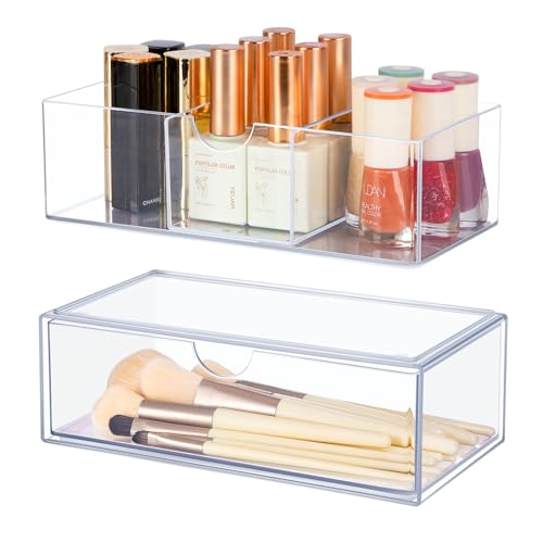 FoiiLiio Make up Kosmetik Organizer Set of 2, Stapelbarer Acryl-Kosmetikkoffer mit Schubladen, Make Up Aufbewahrung Transparent, für Schlafzimmer Schminktisch Badschrank Spiegelschrank Innen