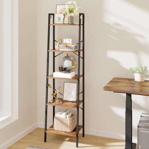 Image of Hzuaneri 5-Tier Ladder Shelf, Bookshelf Bookcase, Freestanding Corner Storage Shelves with 2 Hooks for Home Office, Living Room, Kitchen, Bedroom, Industrial, Rustic Brown and Black BC19201B