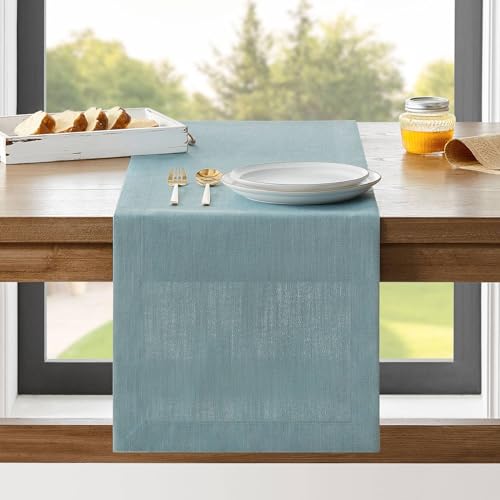 ZeeMart Linen Textured Border Table Runner, 14 x 108 Inch Blue by ZeeMart - Used condition - US$15.29