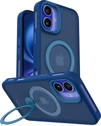 Image of eller sante Maximus Back Cover Case for iPhone 16 Plus with Magnetic Alloy Ring Metal Kickstand Camera Protector TPU Shockproof 10ft Drop Protection Compatible with Mag-Safe- Blue