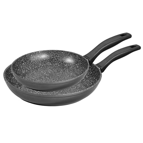 STONELINE Poêles, Set de 2, 20/28 cm, Revêtement Antiadhésif avec de vraies particules de pierre, compatible à l'induction et au four, gris, cuire sans huile et graisse