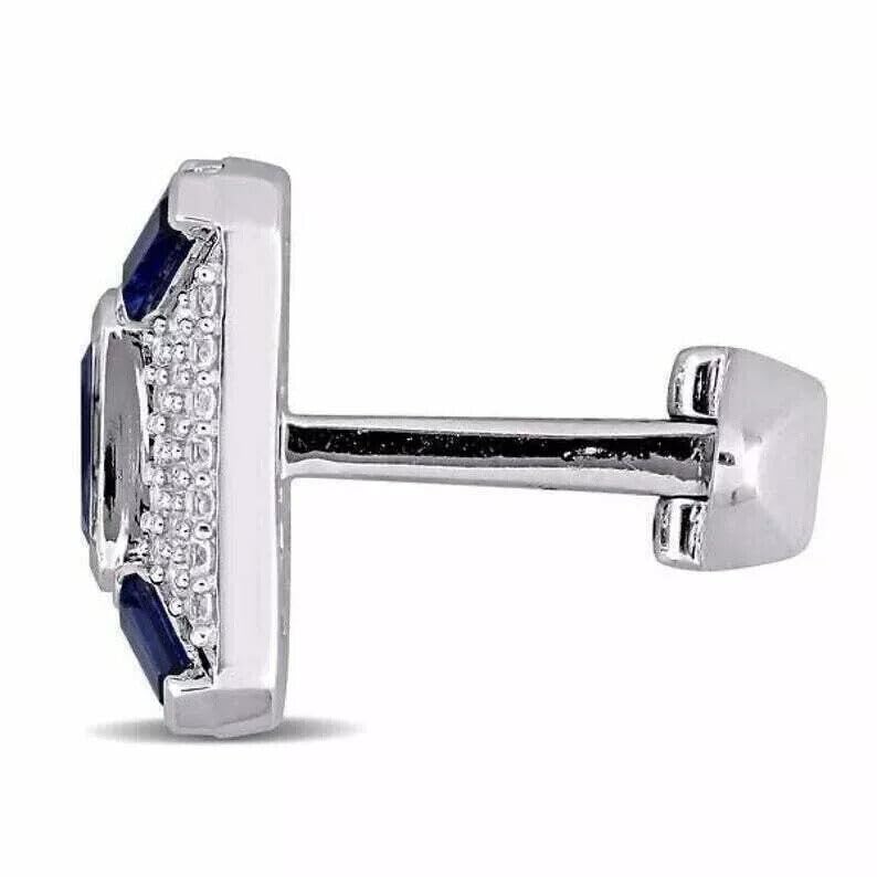 Gemelos de hombre con zafiro azul y diamante 14K plata miniatura 3