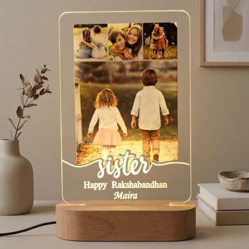 Image of Personalized Rakshabandhan Table Lamp for Sister - Custom Photo Night Light with Name - LED Acrylic Gift for Sister from Brother - Happy Raksha Bandhan Decoration