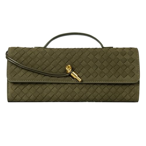 Joryin Woven Purse for Women Evening Clutch Woven Leather Handbags Olive Suede Crossbody Bag Purse Formal Evening Bag