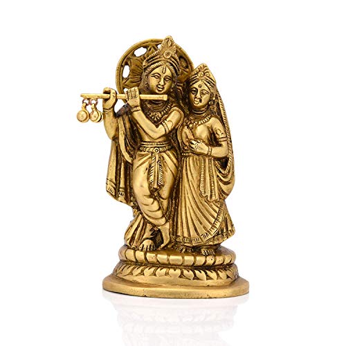 G Looks Brass Radha Krishna Playing Flute Statue Lord Krishan Idol for Home Office Gifts Decor Showpiece (Size 5.5 x 3 Inches)