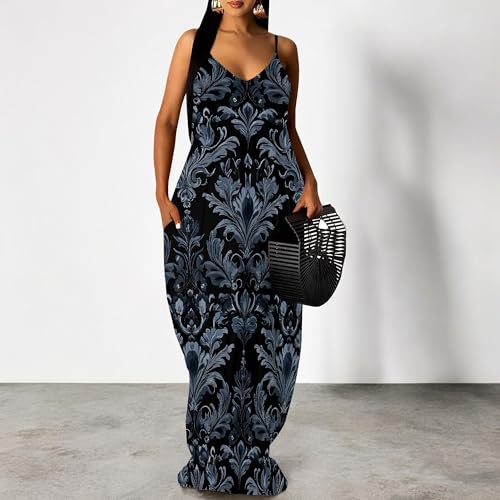 Image of Women's Summer Maxi Dress Spaghetti Strap Floral Boho Beach Long Sundress with Pockets