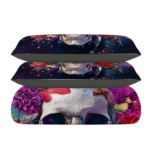 Housse de couette réversible violette imprimé crâne de fleur - 6